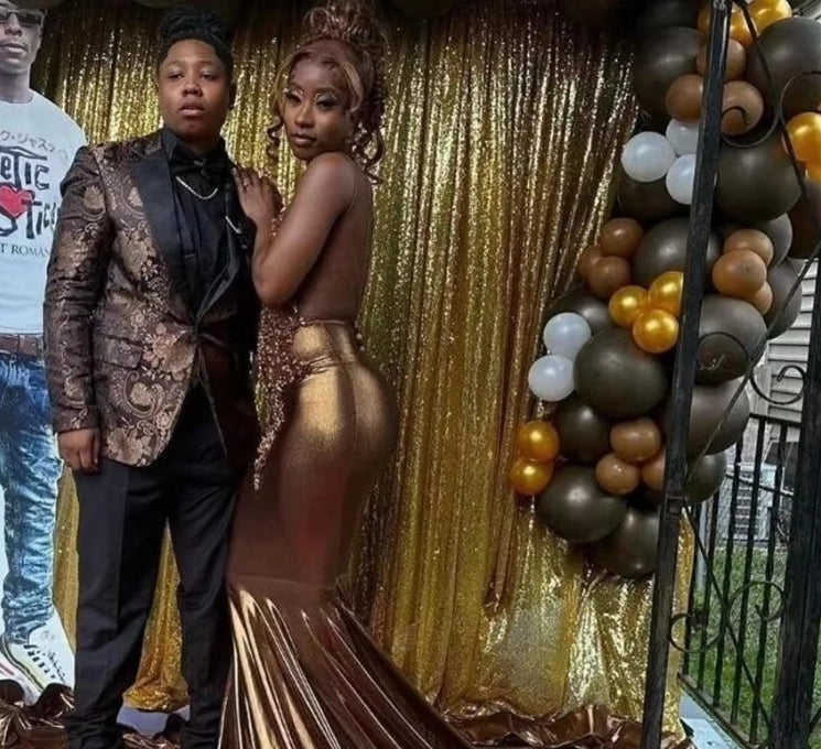 Brown Satin Mermaid Prom Dress For Black Girl Glitter Diamond Crystal Birthday Reception Gown