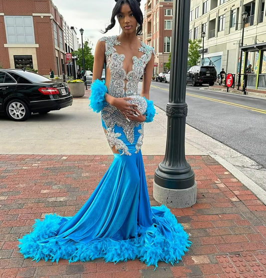 Blue Feathers Silver Crystal Beaded Rhinestone Prom Dress For Black girls Birthday Dress Luxury Mermaid Gala Dresses Elegant
