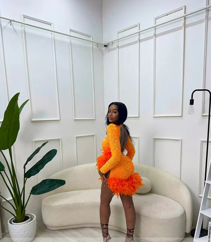Luxury Orange Short Prom Dresses 2024 Long Sleeves Feathers Sequins Gown For Black Girls Birthday Senior Party Gowns