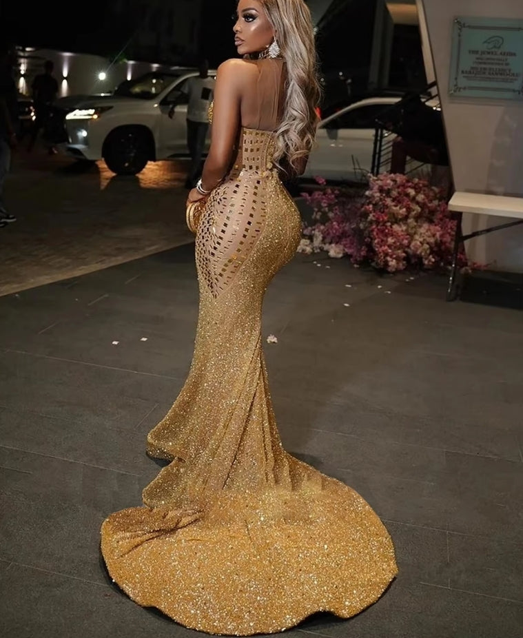 Sparkle Crystals Mermaid Long Prom Dress Luxury Sequins Mermaid Evening Dress Sexy Black Girls Wedding Party Gowns