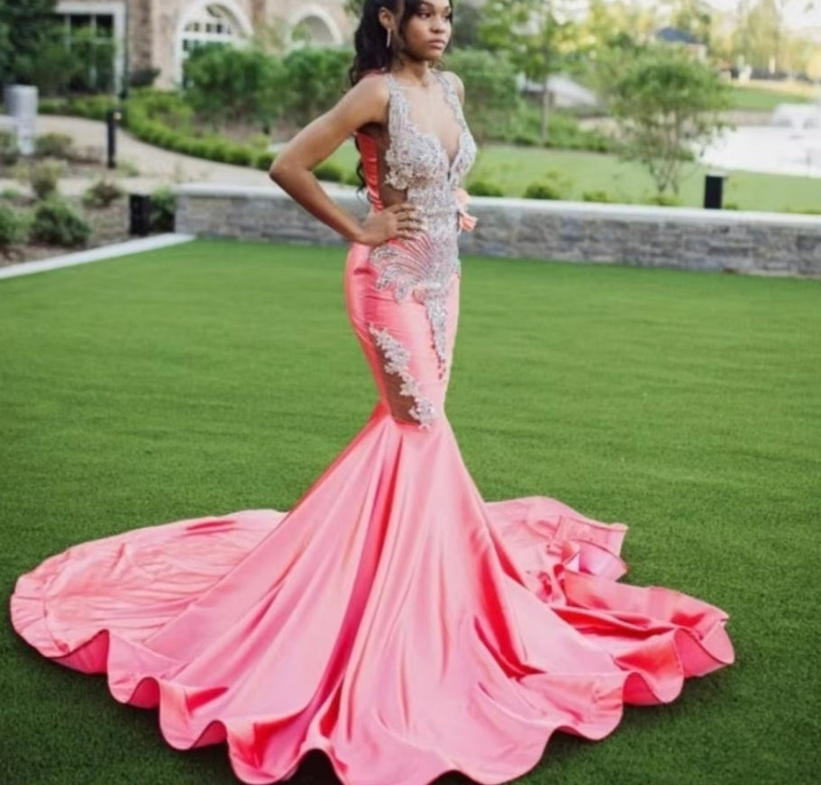Sexy Pink Mermaid Long Prom Dress,Backless Pink Evening Dress  Y1933