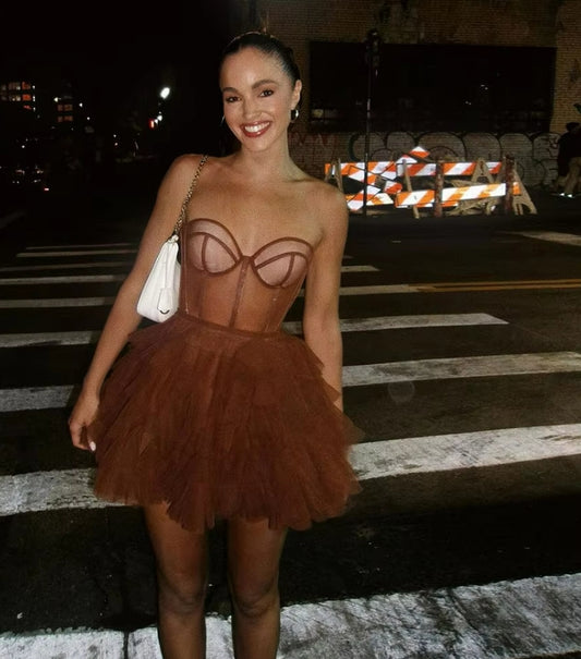 Sexy Short Prom Dresses Tulle Brown Strapless Mini Ruffles Pleat Homecoming Dresses Birthday Dress For Women Luxury