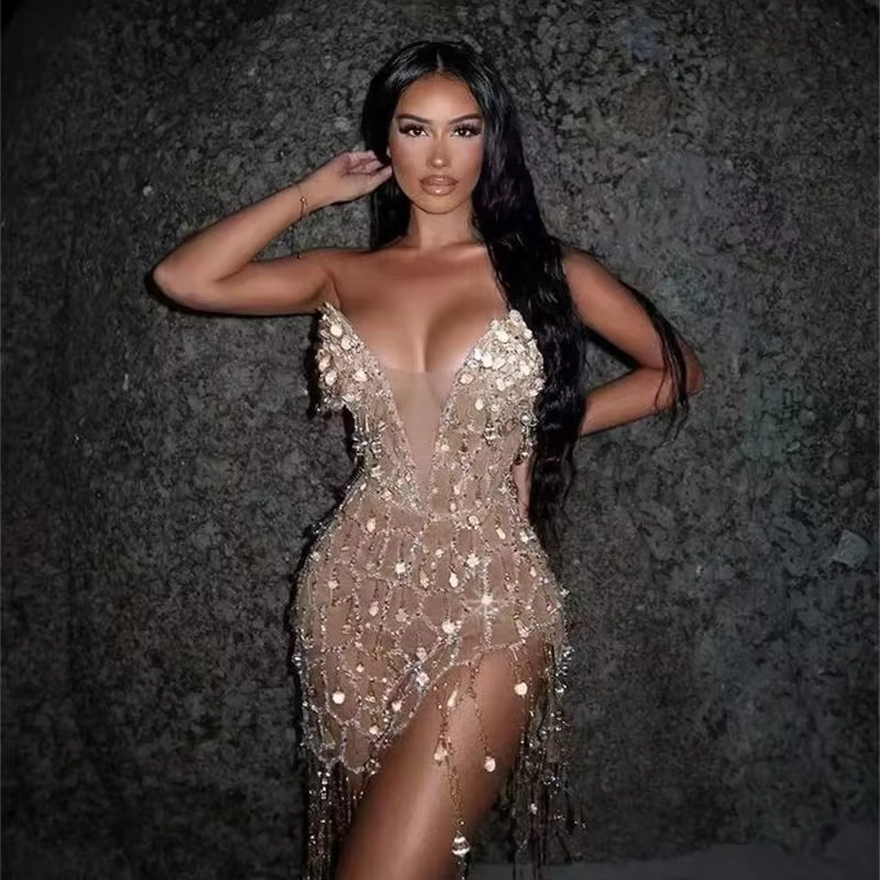 Golden Sequins Diamonds Tassel Sexy V-Neck Strapless Mini Evening Dress Woman Birthday Party Outfit Stage Performance Costume