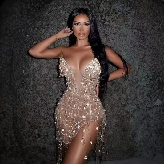 Golden Sequins Diamonds Tassel Sexy V-Neck Strapless Mini Evening Dress Woman Birthday Party Outfit Stage Performance Costume