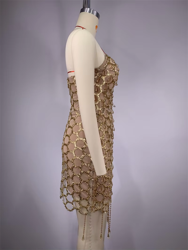 Golden Sequins Diamonds Tassel Sexy V-Neck Strapless Mini Evening Dress Woman Birthday Party Outfit Stage Performance Costume
