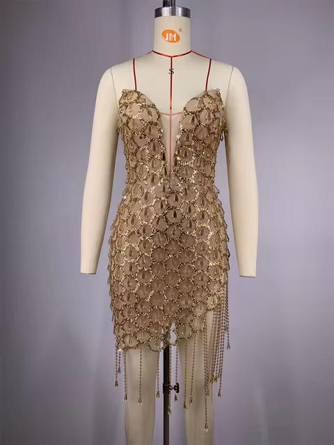 Golden Sequins Diamonds Tassel Sexy V-Neck Strapless Mini Evening Dress Woman Birthday Party Outfit Stage Performance Costume
