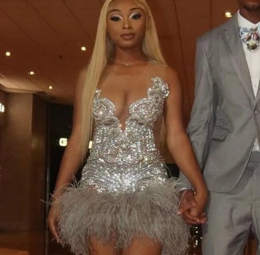 Sparkle Silver Feathers Rhinestone Party Prom Dresses For Black Girls African Mermaid Dress Sheer Mesh Movie Outfit Robe De Bal