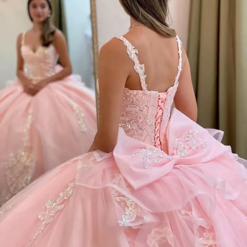 Princess Pink Ball Gown 15 Year Old Quinceanera Dresses 2025 Spaghetti Straps vestidos de xv años Girls Party Dress