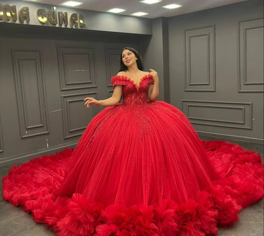Mexico Red Off The Shoulder Quinceanera Dresses Ball Gown Bead Appliques 2024 Birthday Luxury Dress Ruffles Graduation Gown