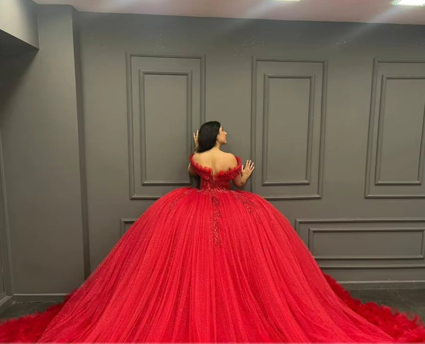 Mexico Red Off The Shoulder Quinceanera Dresses Ball Gown Bead Appliques 2024 Birthday Luxury Dress Ruffles Graduation Gown