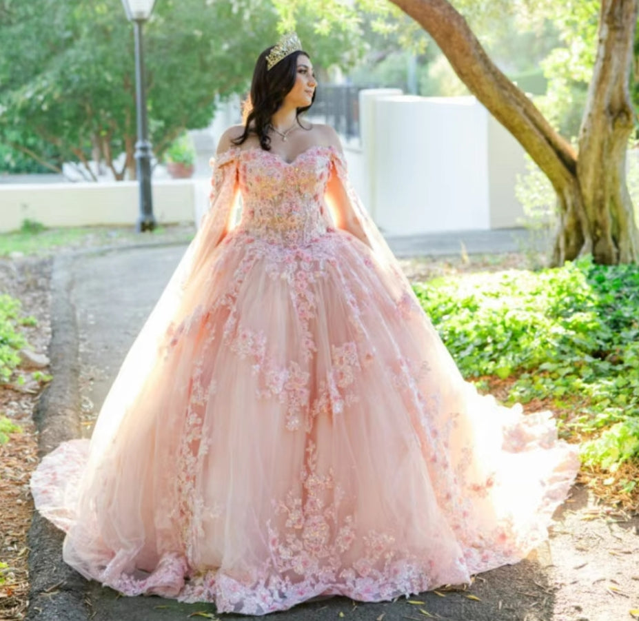 Pink Quinceanera Dress Ball Gown 3D Flower Applique Beads With Cape Sheer Corset Sweet 16 Dress Vestidos XV Años