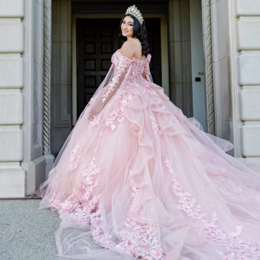 Pink Quinceanera Dress Ball Gown 3D Flower Applique Beads With Cape Sheer Corset Sweet 16 Dress Vestidos XV Años