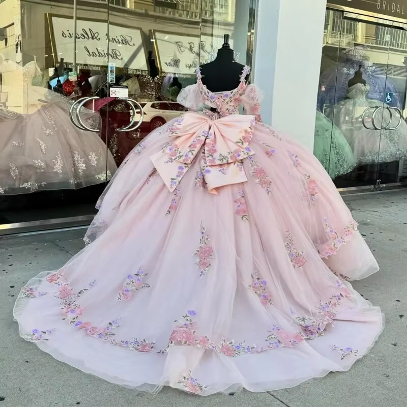 Pink Quinceanera Dresses for 16 Year 2024 Ball Gown Sexy V Neck Off the Shoulder Puff Sleeve Party Dress for Girl Vestidos De 15