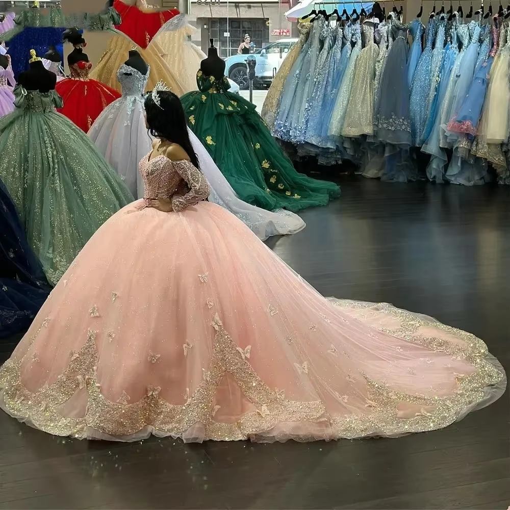 Glittering Pink Quinceanera Dresses Off-Shoulder Long Sleeves Butterfly Appliques Princess Birthday Party Vestidos