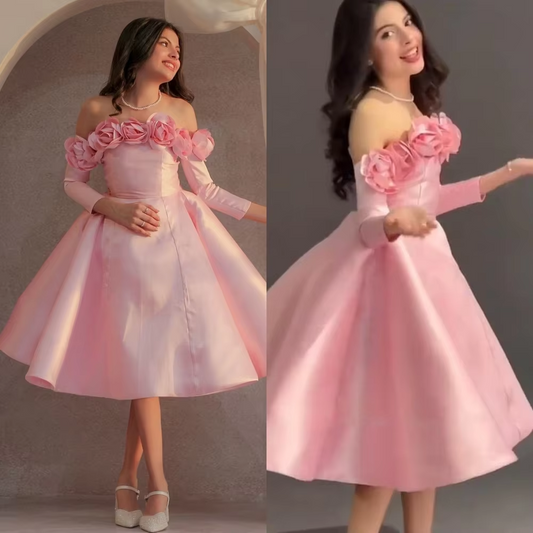 Satin Flower Draped Wedding Party A-line Off-the-shoulder Bespoke Occasion Gown Knee Length Dresses