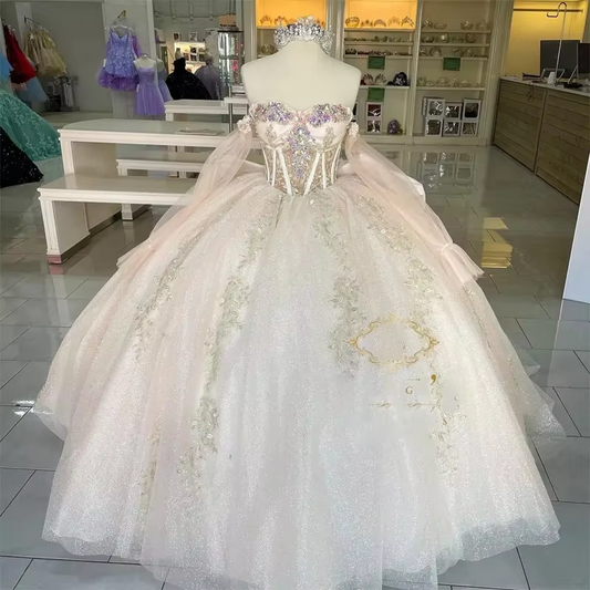Glittering Crystal Quinceanera Dresses Long Off Shoulder Sleeves Princess Dress Party Gowns Vestidos De 15 Anos