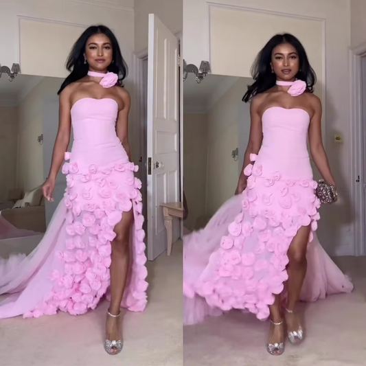 Fashion Halter Mermaid Anke Length Evening Dresses Flower Chiffon Formal Occasion Gown