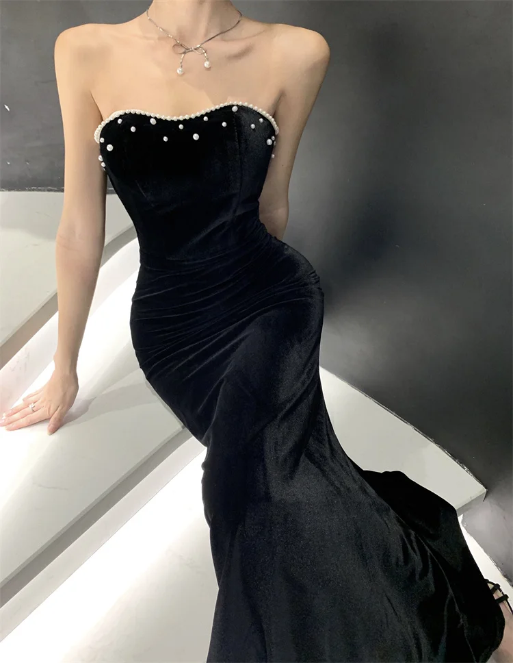 Sexy Bodycon Black Velvet Maxi Drresses for Women Embroidered Flares Strapless Slim Mermaid Evening Dress Prom Robe New Vestidos