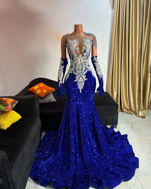 Luxury Royal Blue Sequin Mermaid Prom Dresses 2025 Crystal Beading Tassles With Gloves Mermaid African For Black Girl