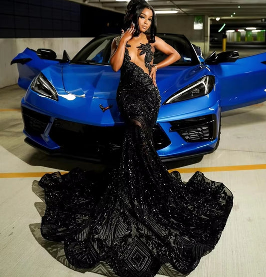 Sequined Lace Black Rhinestone Prom Dresses for Black Girl Sexy See Thru Beaded Mermaid Prom Party Gowns 2024 robe de bal