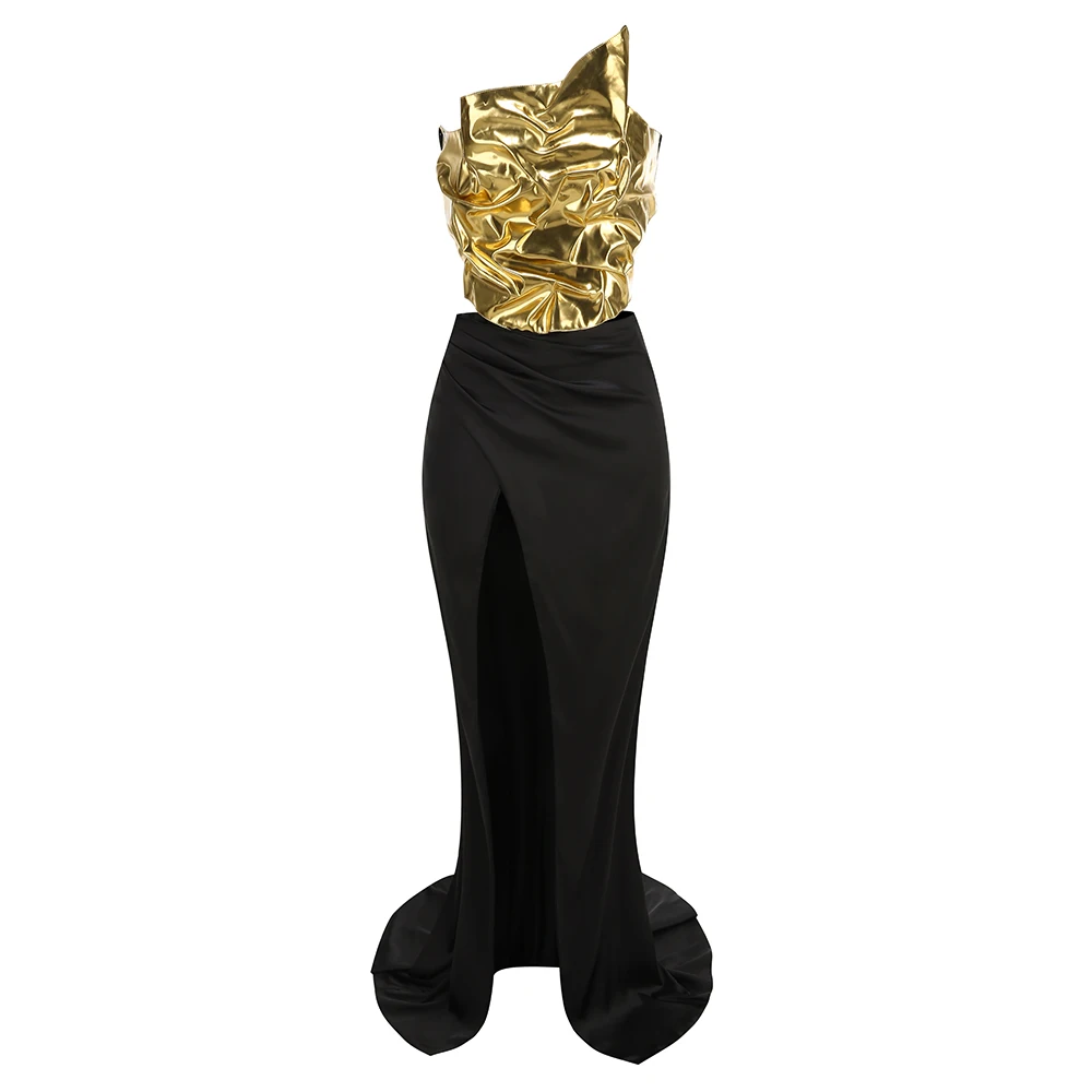 New Arrival Women Gold Color Sexy Laced-up Tops 2 Pieces Bodycon Floor-Length Dress Celebrate Evening Party Prom Dress