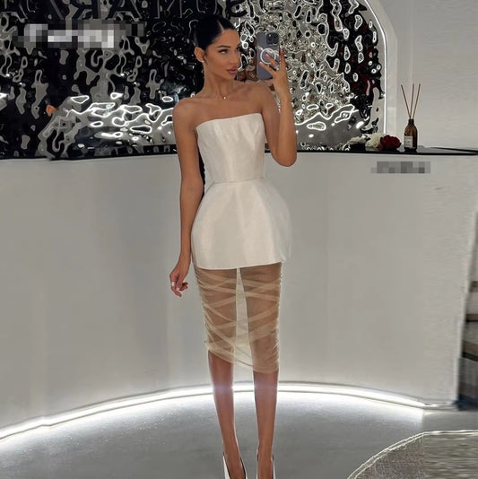 Saudi Arabia Strapless Mini Wedding Dress Satin Sleeveless Evening Party Dress Cocktail Event Dresses Just White Dresses