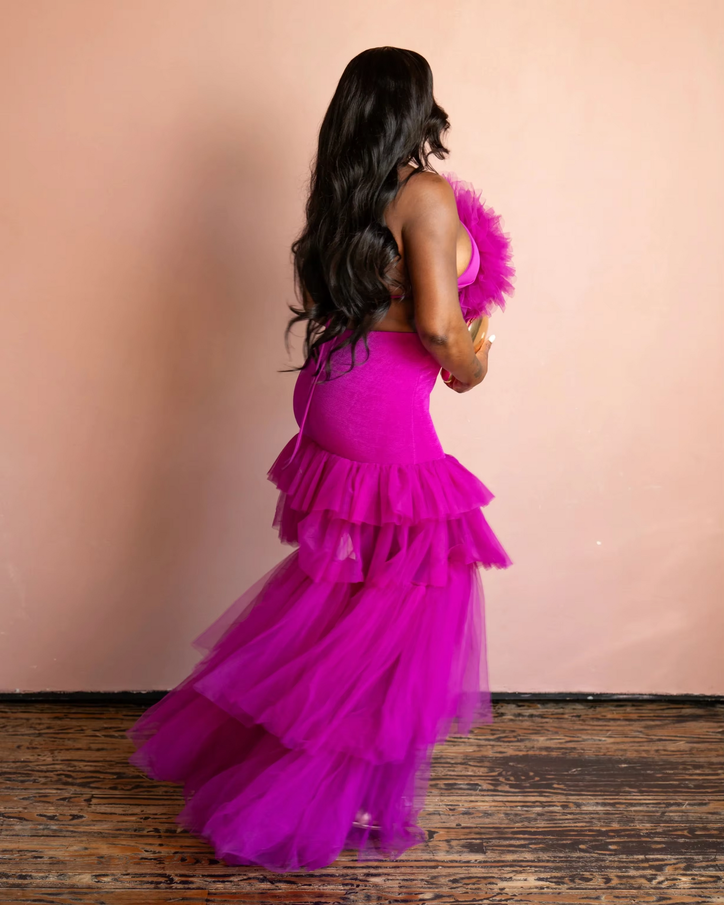 Amazing Fuchsia 2 Pieces Women Maxi Dresses 3D Handmade Flower And Asymmetrical Skirt Women Set Party Dress