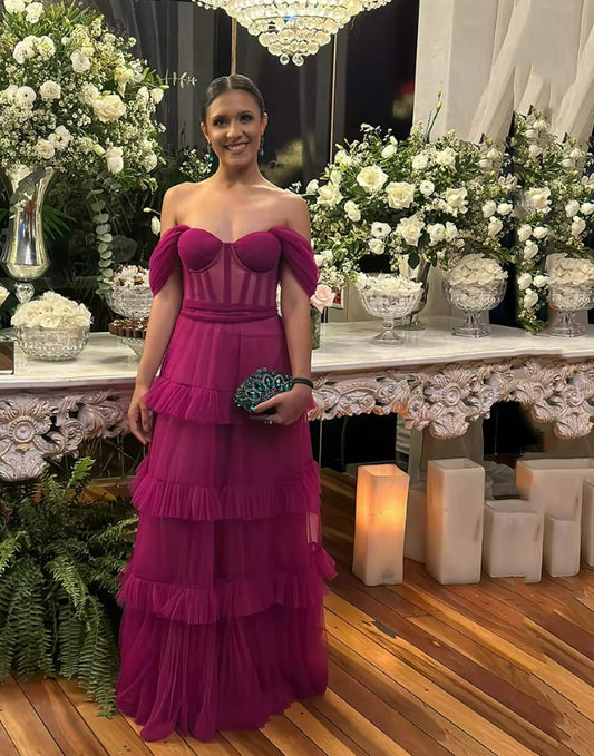 Purple Tiered Tulle Layers Long Prom Dresses Off The Shoulder Party Dress Floor Length Evening Gown robes de soirée