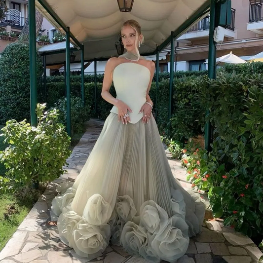 Dusty Green Bloom Evening Dresses Pretty Handmade Flower A-line Long Formal Party Dresses Bridal Dress customized