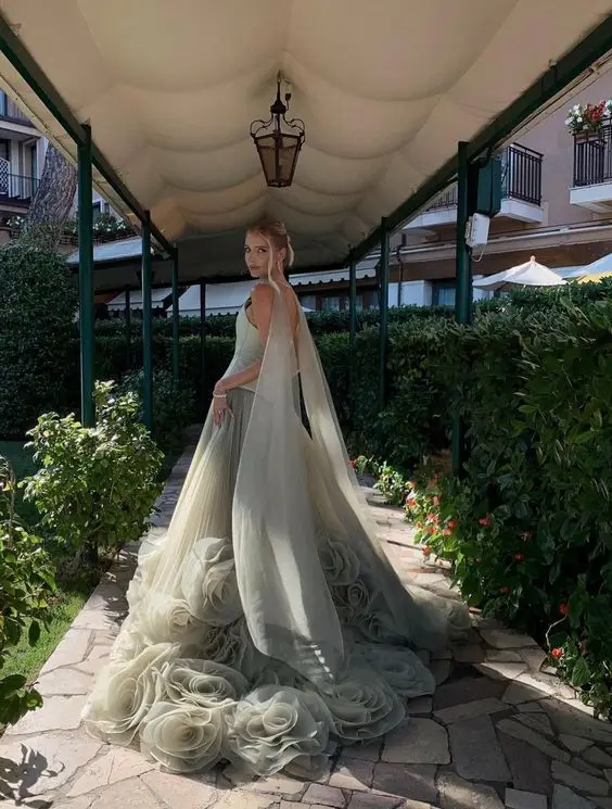 Dusty Green Bloom Evening Dresses Pretty Handmade Flower A-line Long Formal Party Dresses Bridal Dress customized