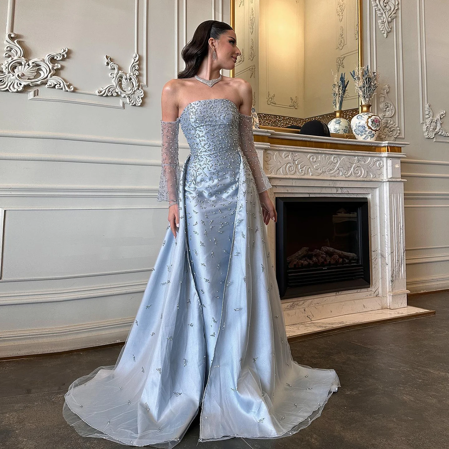 Said Arabic Silver Gray Luxury Dubai Evening Dresses with Overskirt Sleeves Woman Wedding Party Prom Formal Gowns