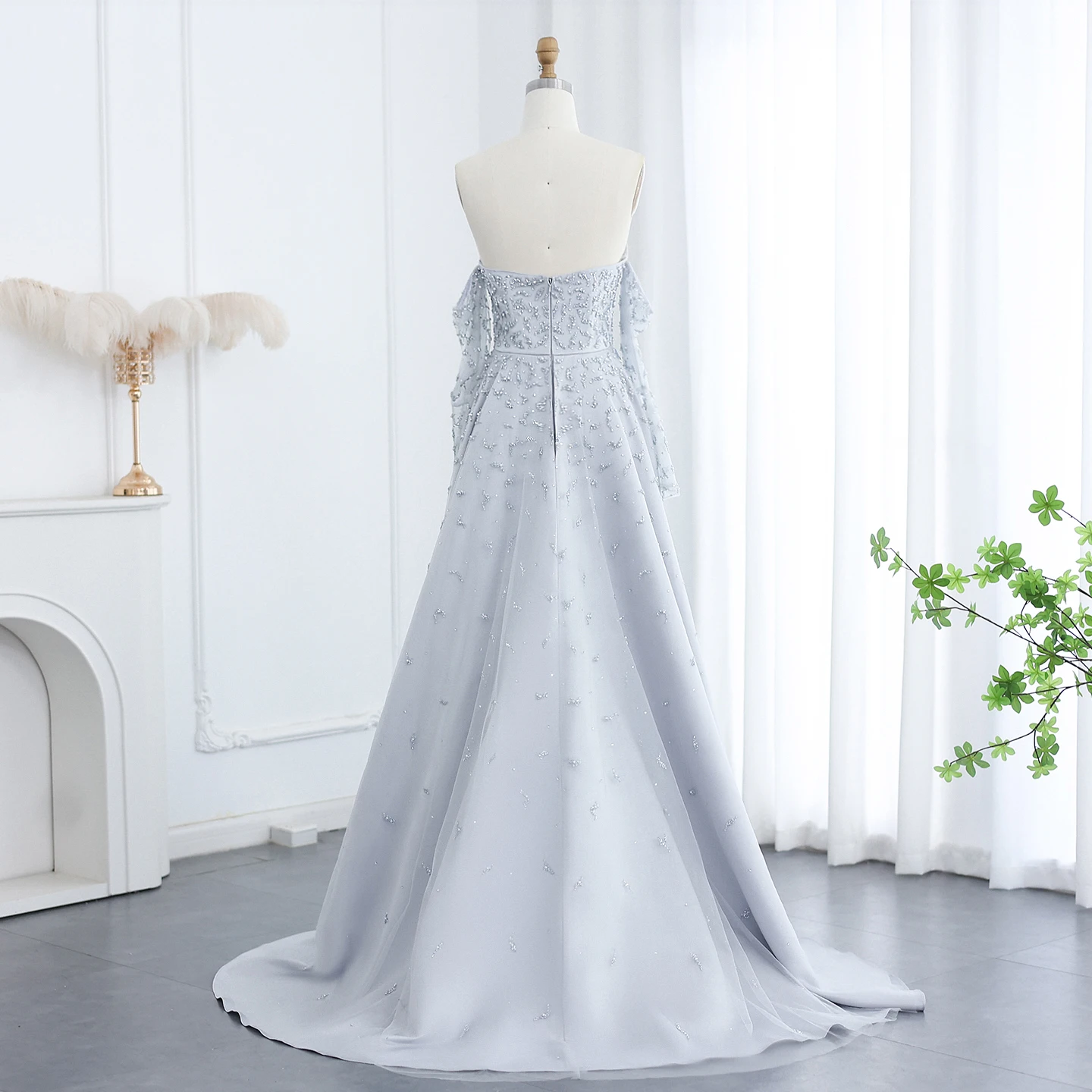 Said Arabic Silver Gray Luxury Dubai Evening Dresses with Overskirt Sleeves Woman Wedding Party Prom Formal Gowns