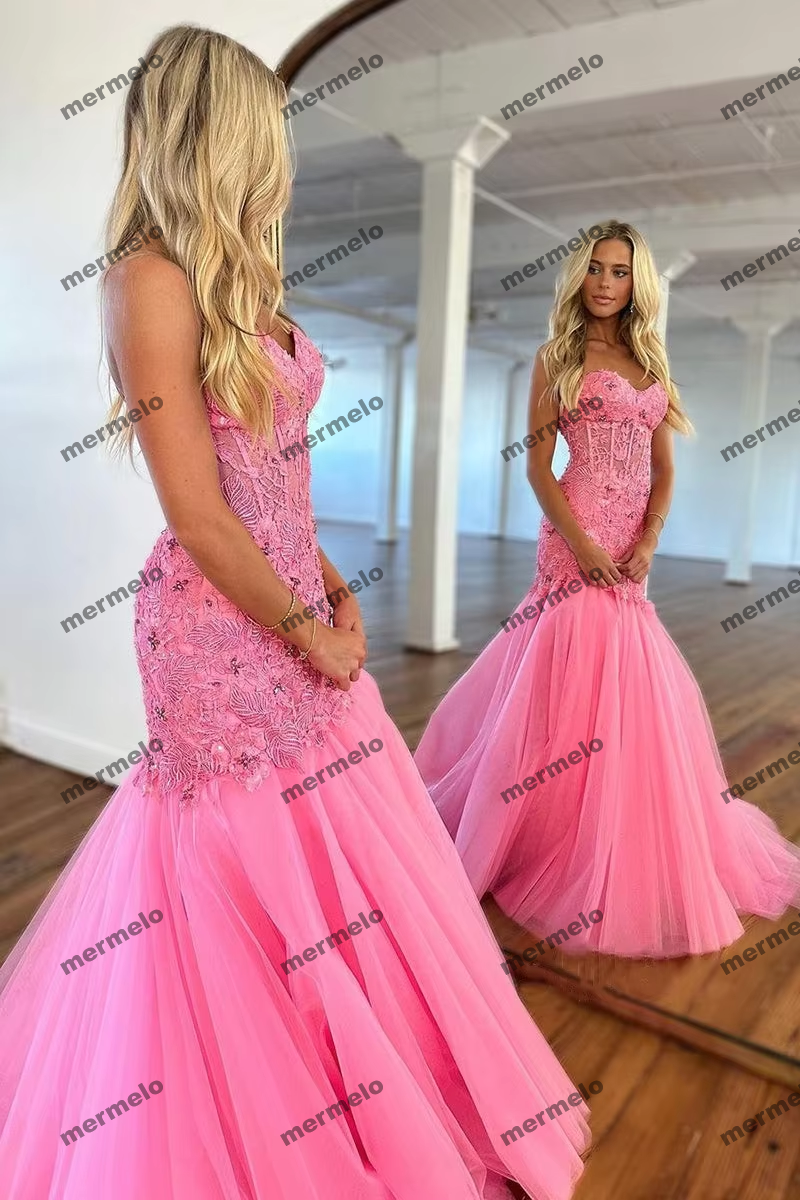 Mermaid Prom Dresses Lace Applique Tulle Sweetheart Long Sweep Train Formal Party Evening Gowns