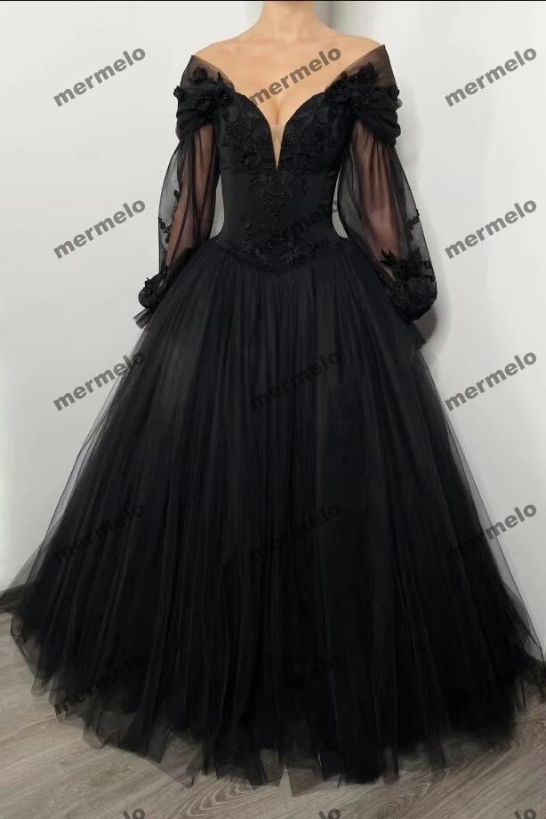 Black Evening Dresses Lace Applique Tulle Off Shoulder Puffy Full Sleeves A Line Long Chapel Train Party Prom Gowns