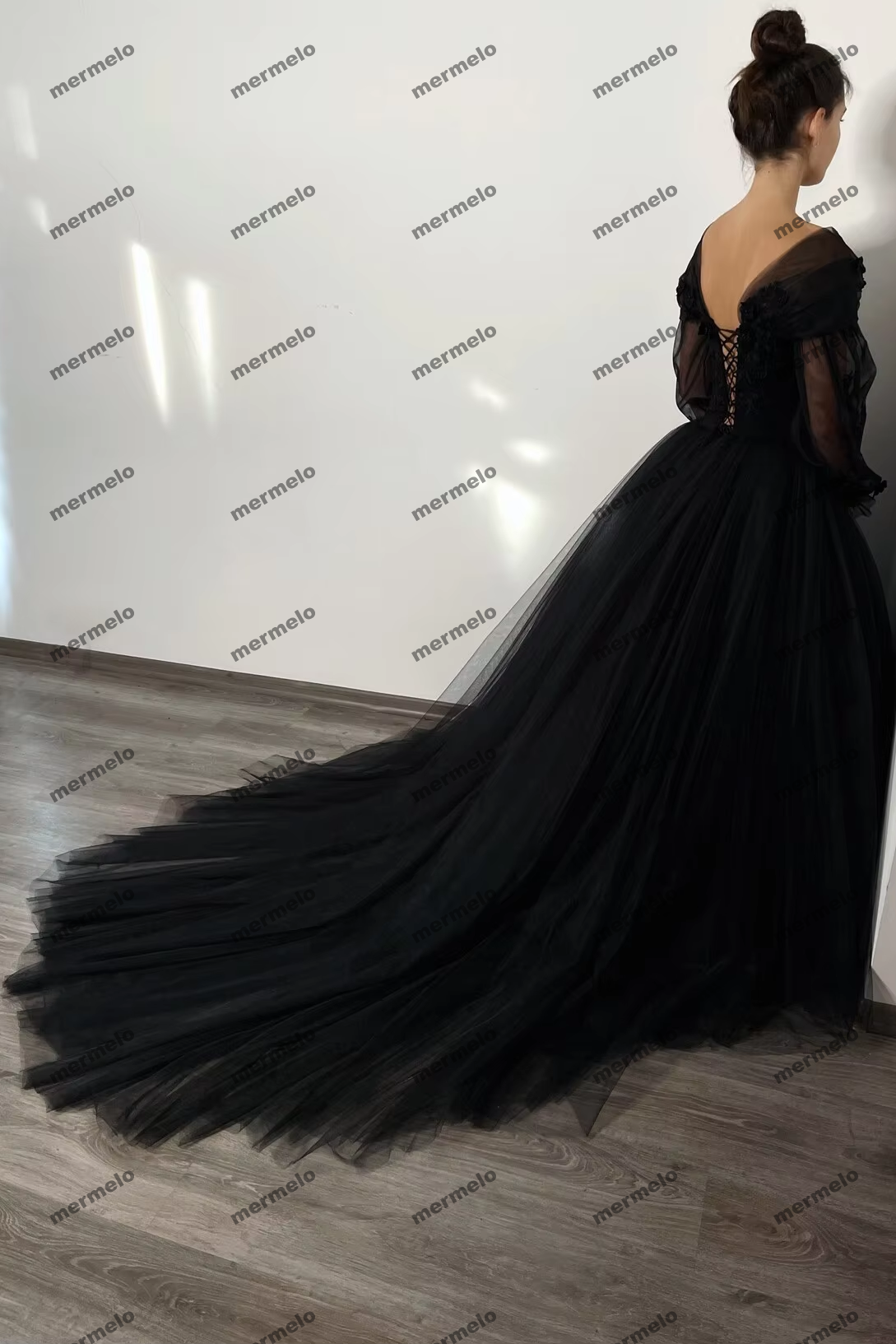 Black Evening Dresses Lace Applique Tulle Off Shoulder Puffy Full Sleeves A Line Long Chapel Train Party Prom Gowns