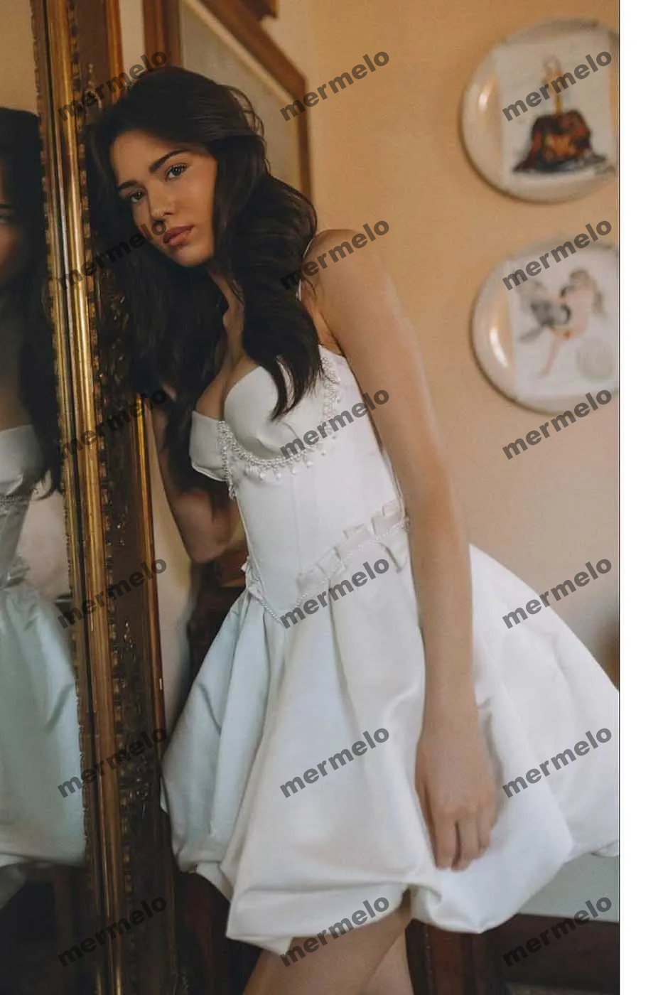 Cute White Short Bridal Dress with Pearls Bubble Skirt A Line Short Party Dresses Sweetheart Mini Length Wedding Bride Dress