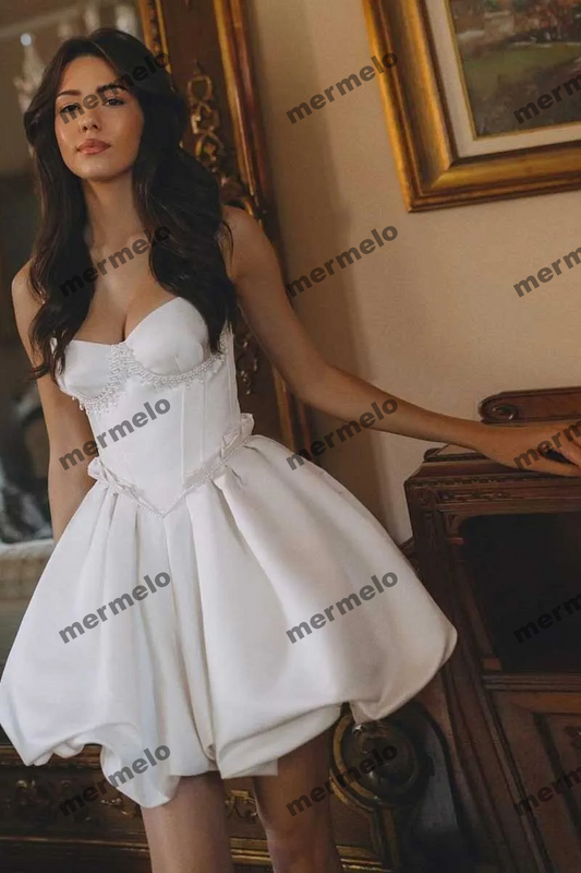 Cute White Short Bridal Dress with Pearls Bubble Skirt A Line Short Party Dresses Sweetheart Mini Length Wedding Bride Dress