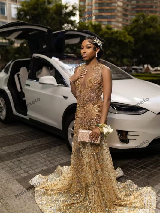 Sparkly Gold Long Mermaid Prom Occasion Dresses For Black Girl Luxury Crystal Gillter Tassel Evening Gown Birthday Gala