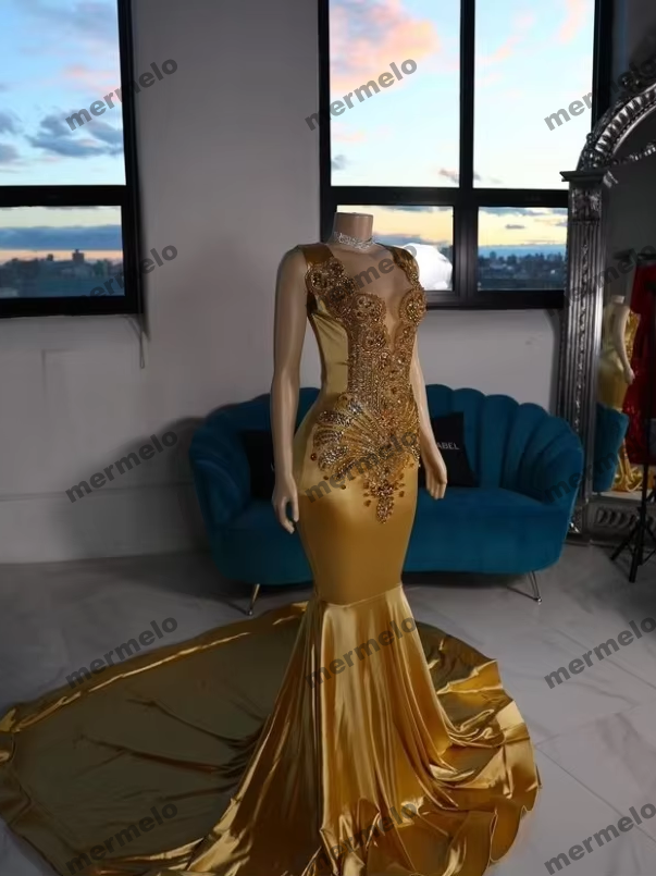 Gold Satin Mermaid Prom Dress For Women Glitter Diamante Applique Skinny