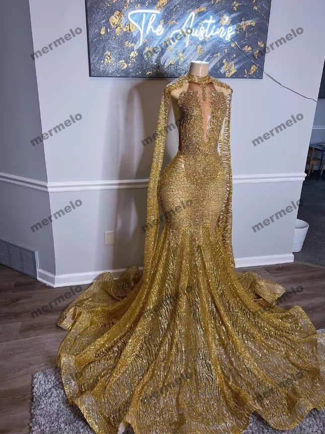 Gold Mermaid Prom Awards Show Dress with Cape Cloak Crystal Beaded Sequins Glitter Mesh Red Carpet Gown For Women