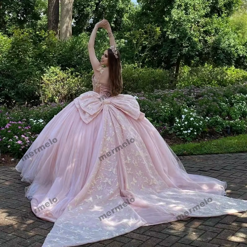Pink Ball Gown Quinceanera Dresses Beaded With Bow Corset