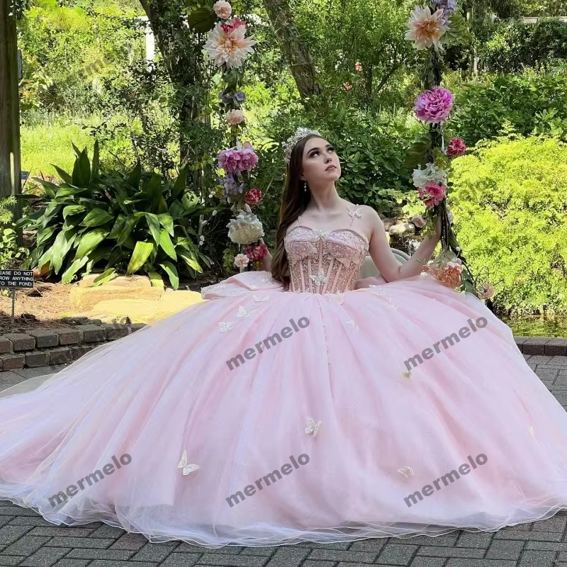 Pink Ball Gown Quinceanera Dresses Beaded With Bow Corset