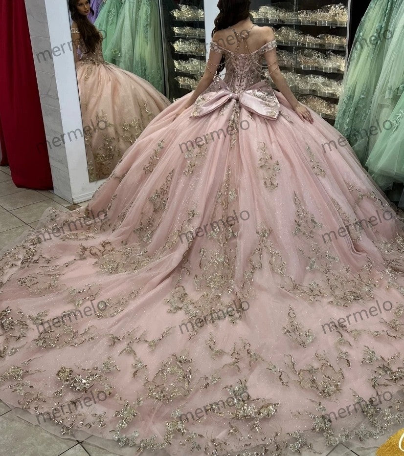 Pink Quinceanera Dress Ball Gown Gold Lace Applique Beading Mexican Corset Sweet 16