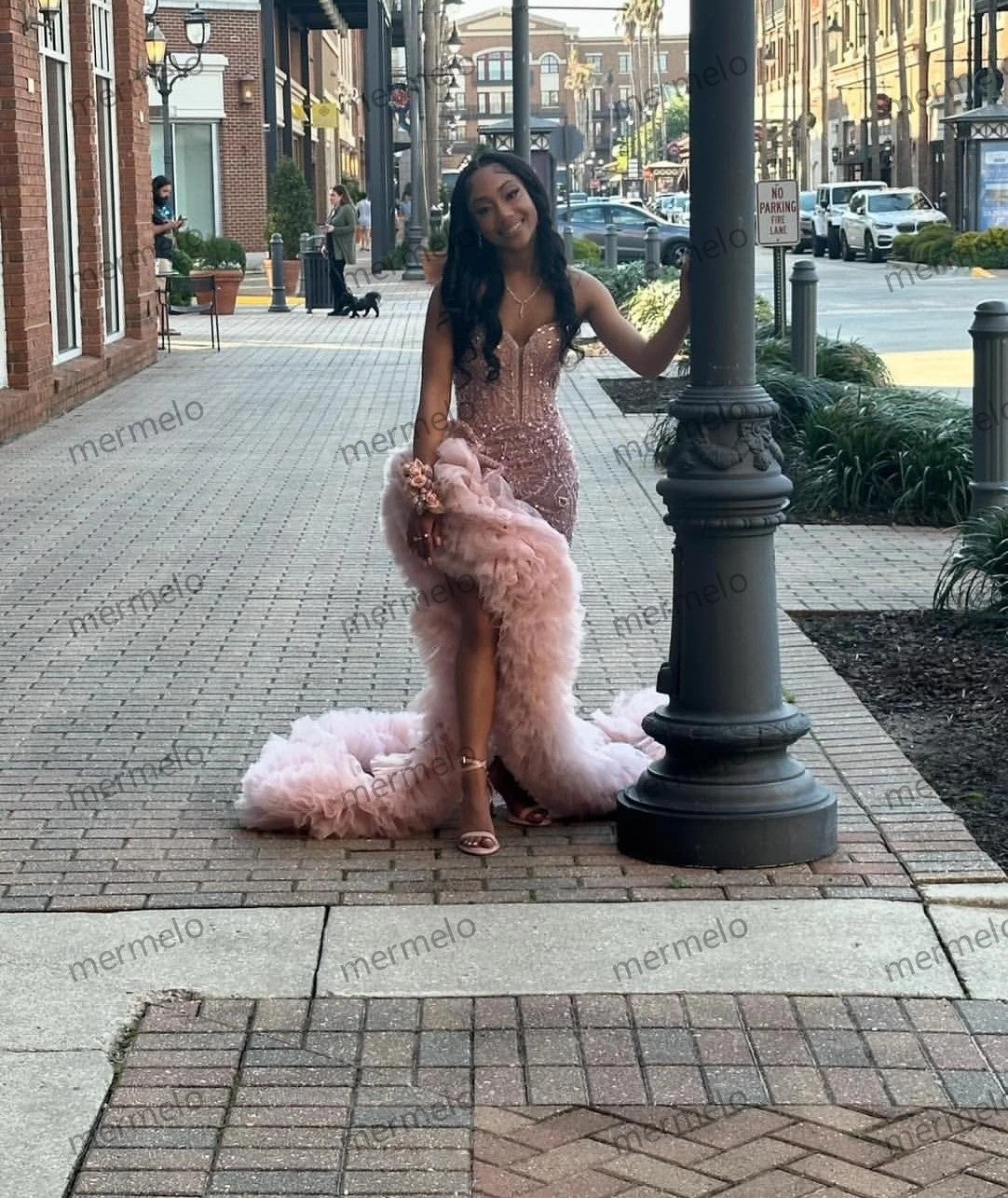 Rose Pink Ruffles Prom Dress For Black Girls Crystals Diamond Rhinestone Beaded High Slit