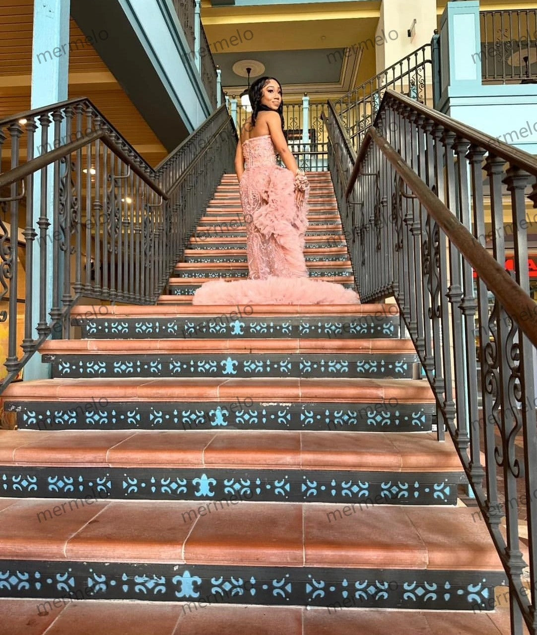 Rose Pink Ruffles Prom Dress For Black Girls Crystals Diamond Rhinestone Beaded High Slit