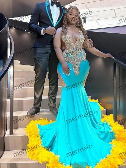 Sexy Green Yellow Feather Prom Dress For Black Girls