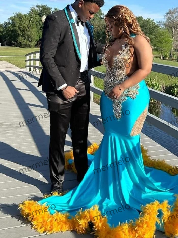 Sexy Green Yellow Feather Prom Dress For Black Girls