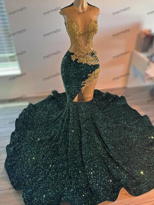 Sexy Emerald Green Sequins Rhinestones Prom Dress For Black Girl