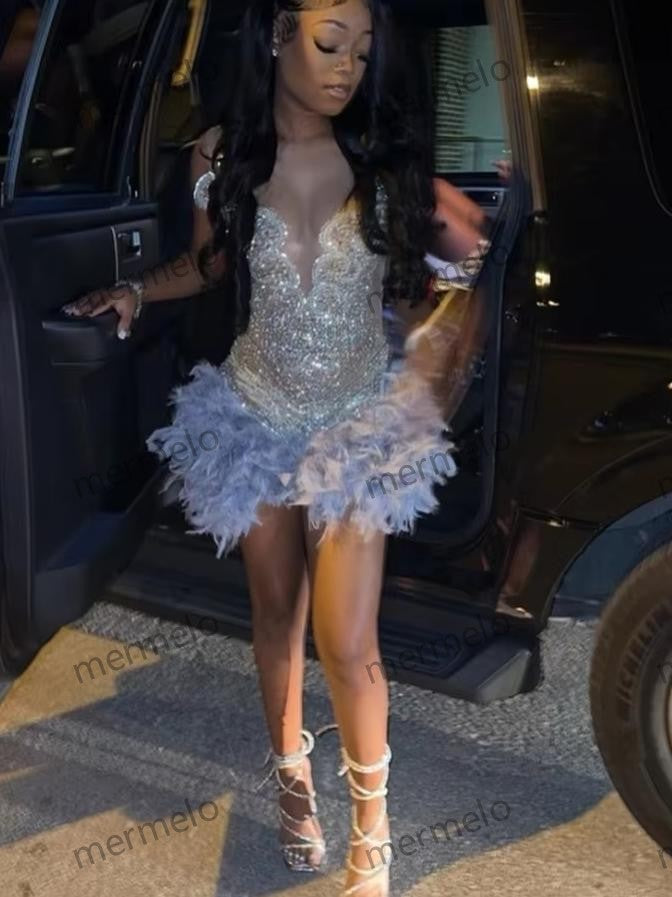 Light Purple Feather Short Prom Dresses For Black Girl Bead Rhinestone