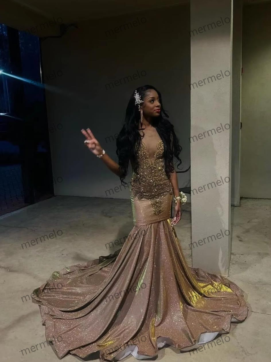 Shiny Gold Sequins Mermaid Prom Dress Beaded Rhinestone For Black Girls